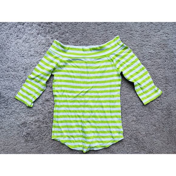 American Eagle Y2K Striped Off Shoulder Quarter Sleeve Tee Green White Small 90s - Picture 2 of 6